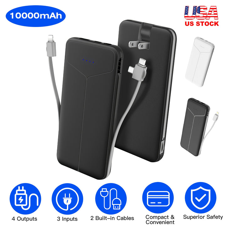 10000mAh Power Bank Portable Charger With US Plug 2 Built-in Cables External Battery Pack With 4 Ouputs 3 Inputs Fit For IOS Phone 14 Android And More