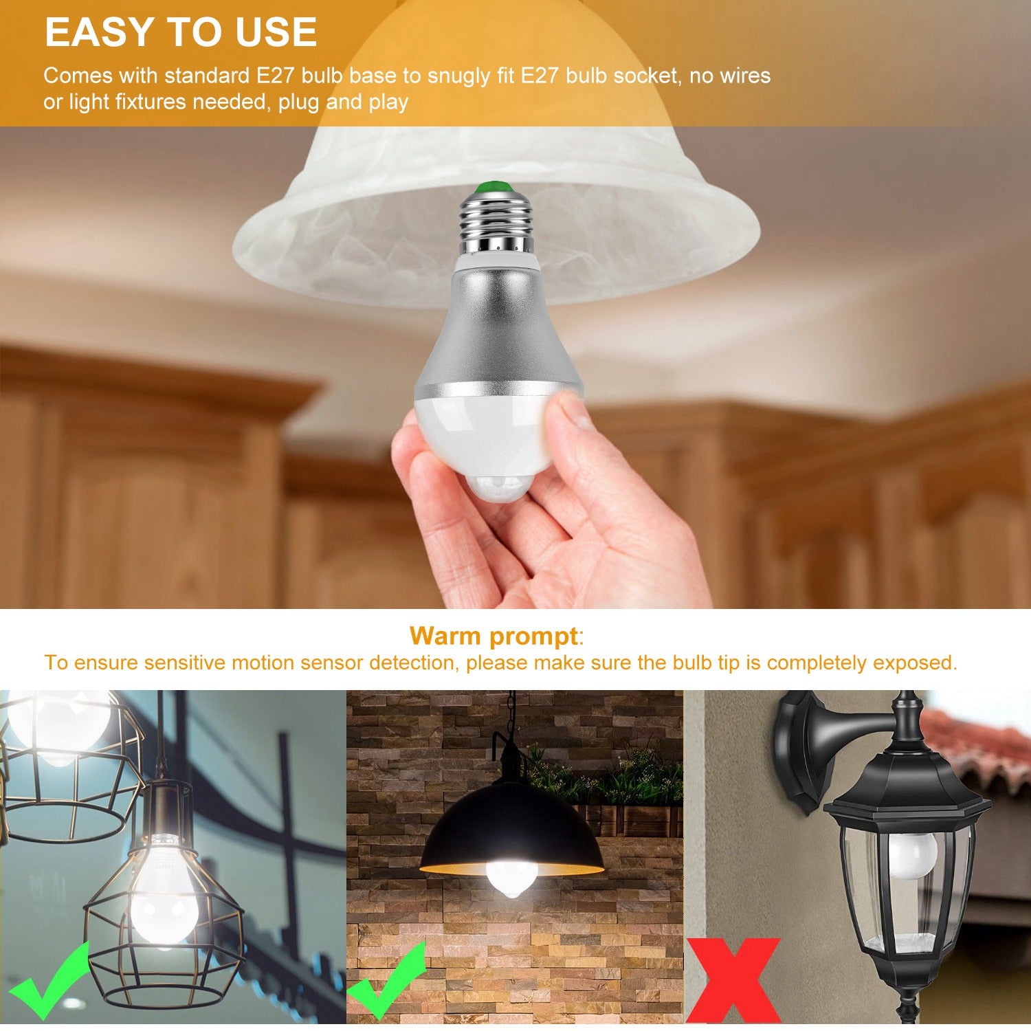 E27 Motion Sensor Light Bulb 9W 6500K Dusk To Dawn Automatic On-Off LED Light Bulb Indoor Outdoor Use