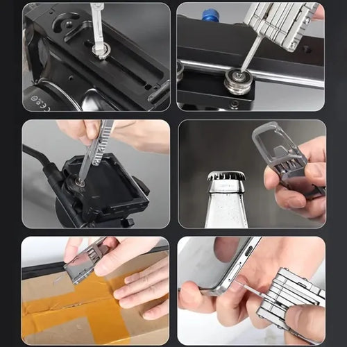 13 In 1 Multi-function Gadgets Stainless Steel Combination Tools, Mobile Phone Holder, Folding Outdoor, Bottle Opener, Screwdriver, Hiking Buckle, Knife