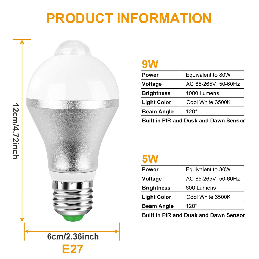 E27 Motion Sensor Light Bulb 9W 6500K Dusk To Dawn Automatic On-Off LED Light Bulb Indoor Outdoor Use