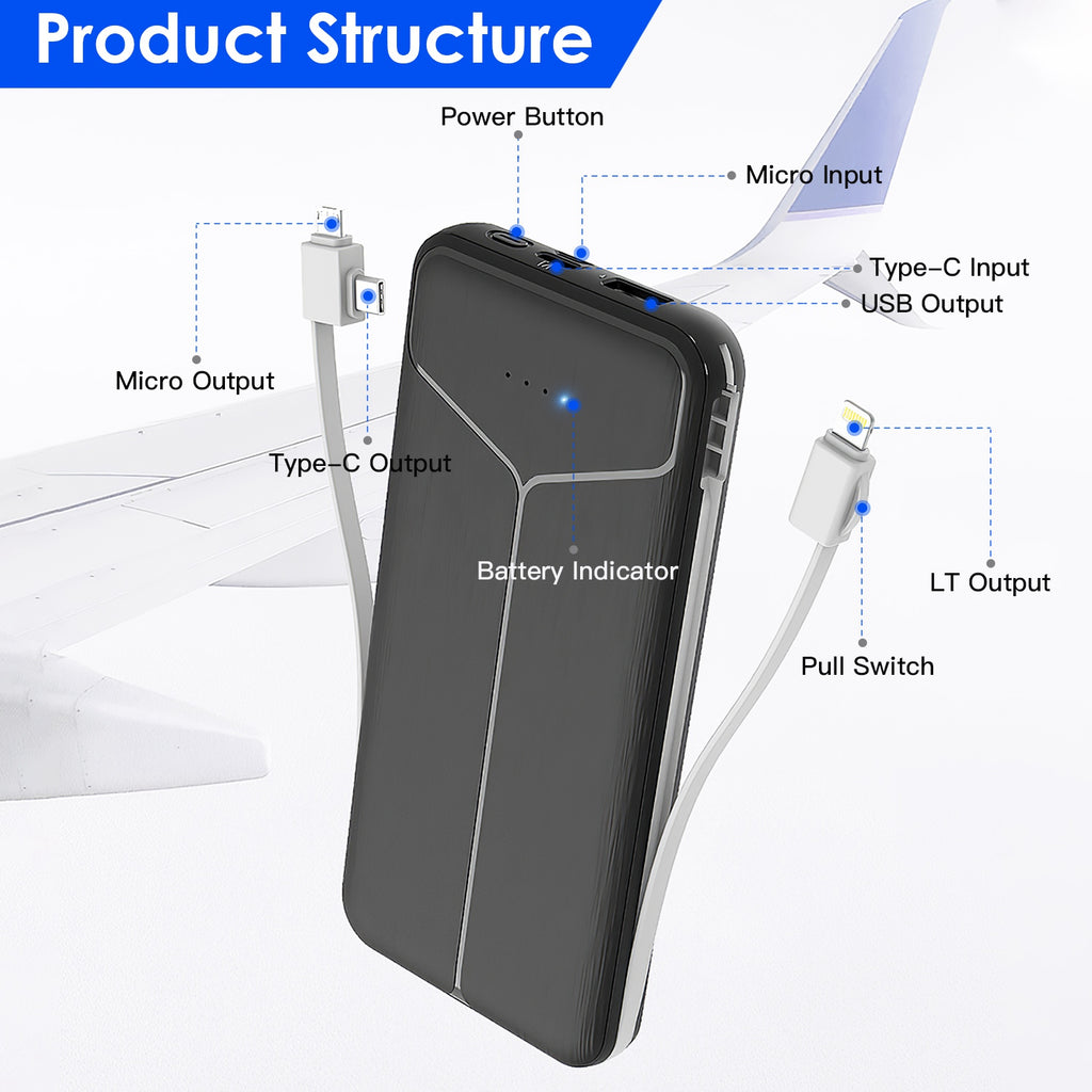 10000mAh Power Bank Portable Charger With US Plug 2 Built-in Cables External Battery Pack With 4 Ouputs 3 Inputs Fit For IOS Phone 14 Android And More