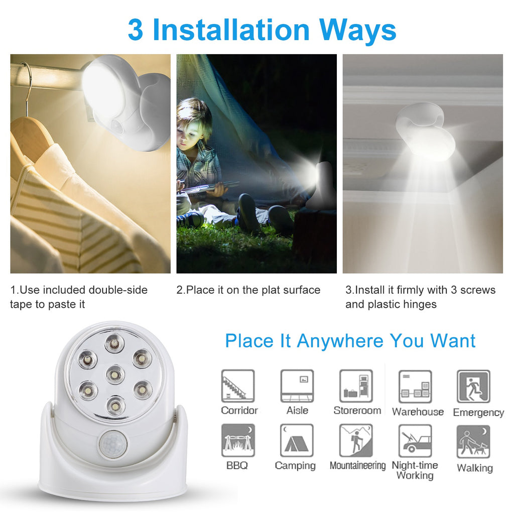 1Pc Wireless LED Spotlight Night Lamp 360 Degree Rotatable With 90 Degree Motion Sensor Battery Operated With 23ft Sensing Range For Closet Bathroom